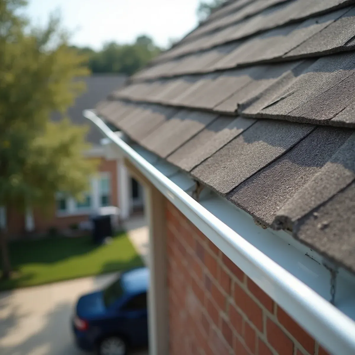 Pristine seamless gutter installation framing roofline under bright Texas sunshine