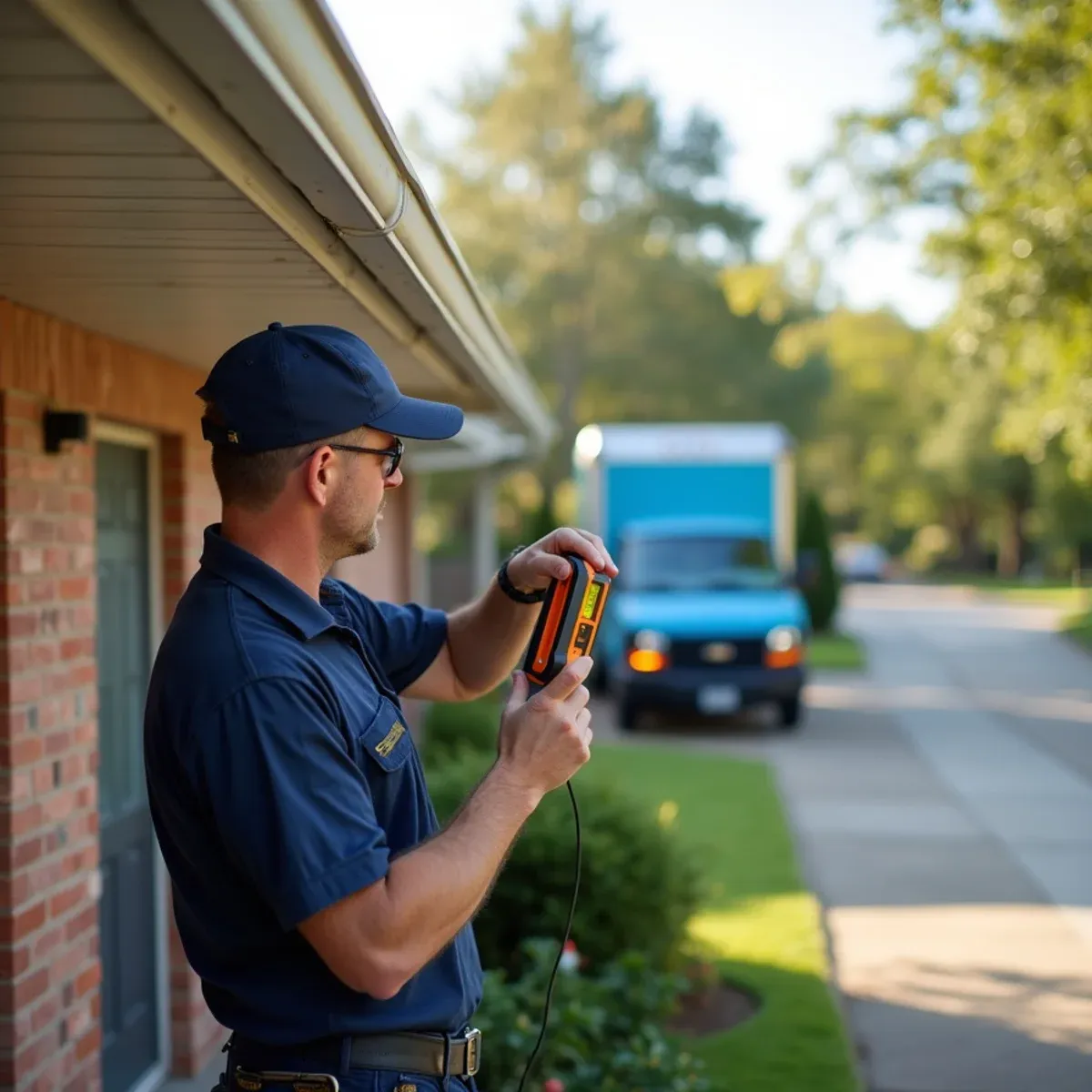 Technician checking digital level on 6-inch seamless gutter on two-story central Harris County brick home