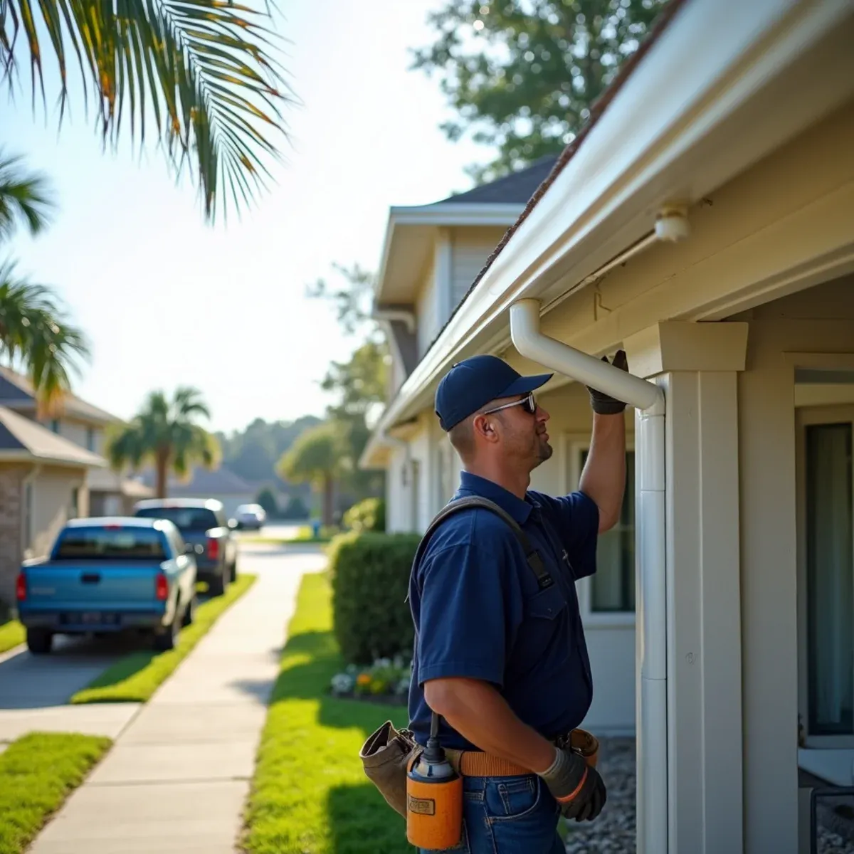 Coastal Gulf breeze bending palms beside residential home with wind-resistant seamless gutters near Clear Lake
