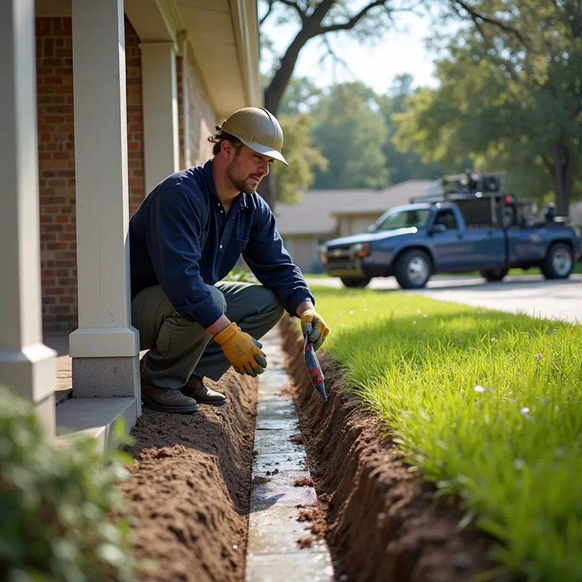 Downspout extension discharging rainwater into lawn swale protecting Mission Bend foundation slab