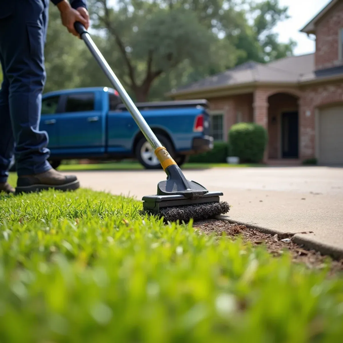 Rolling magnetic sweep collecting metal fasteners across front driveway and green turf