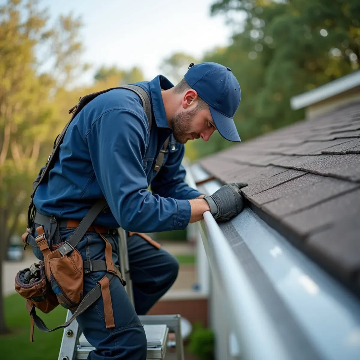 Installer securing seamless aluminum gutters on steep-pitch two-story home in Missouri City