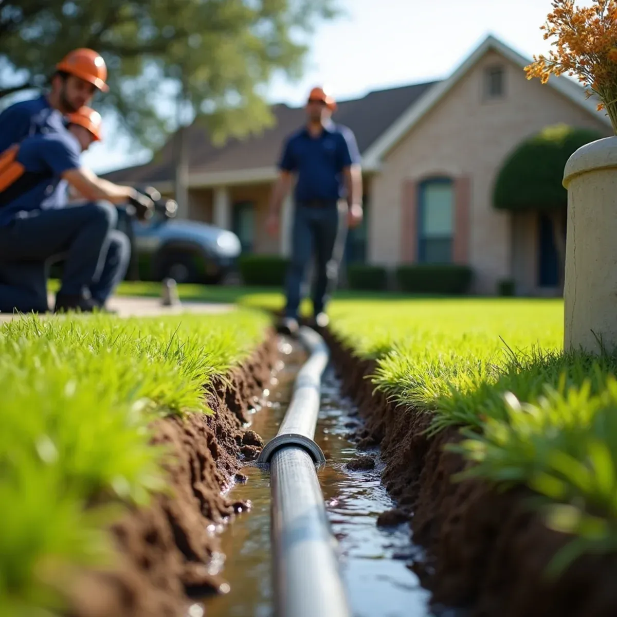 Downspout discharge routed into underground PVC drain protecting foundation from river basin clay
