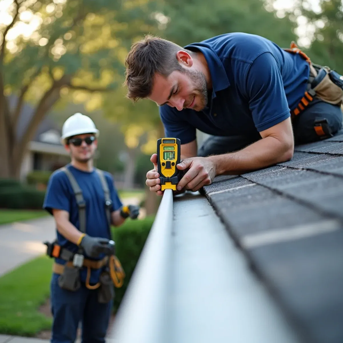Precision slope calibration on low-pitch residential roof eave ensuring fast water movement