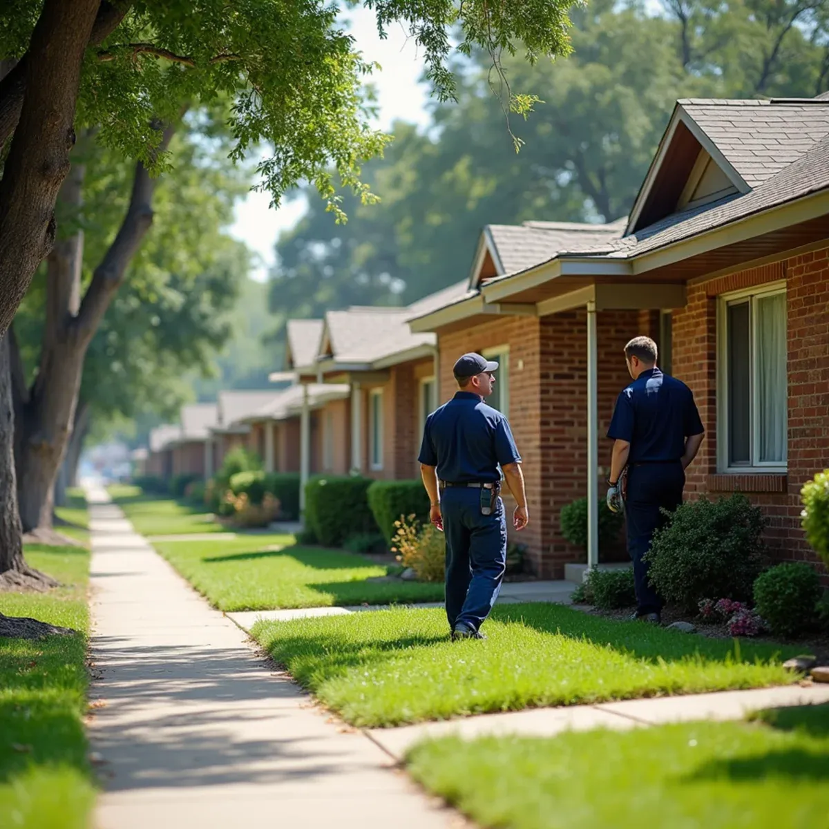 Streetscape of established mid-century brick ranch homes with mature pecan trees in Pasadena TX