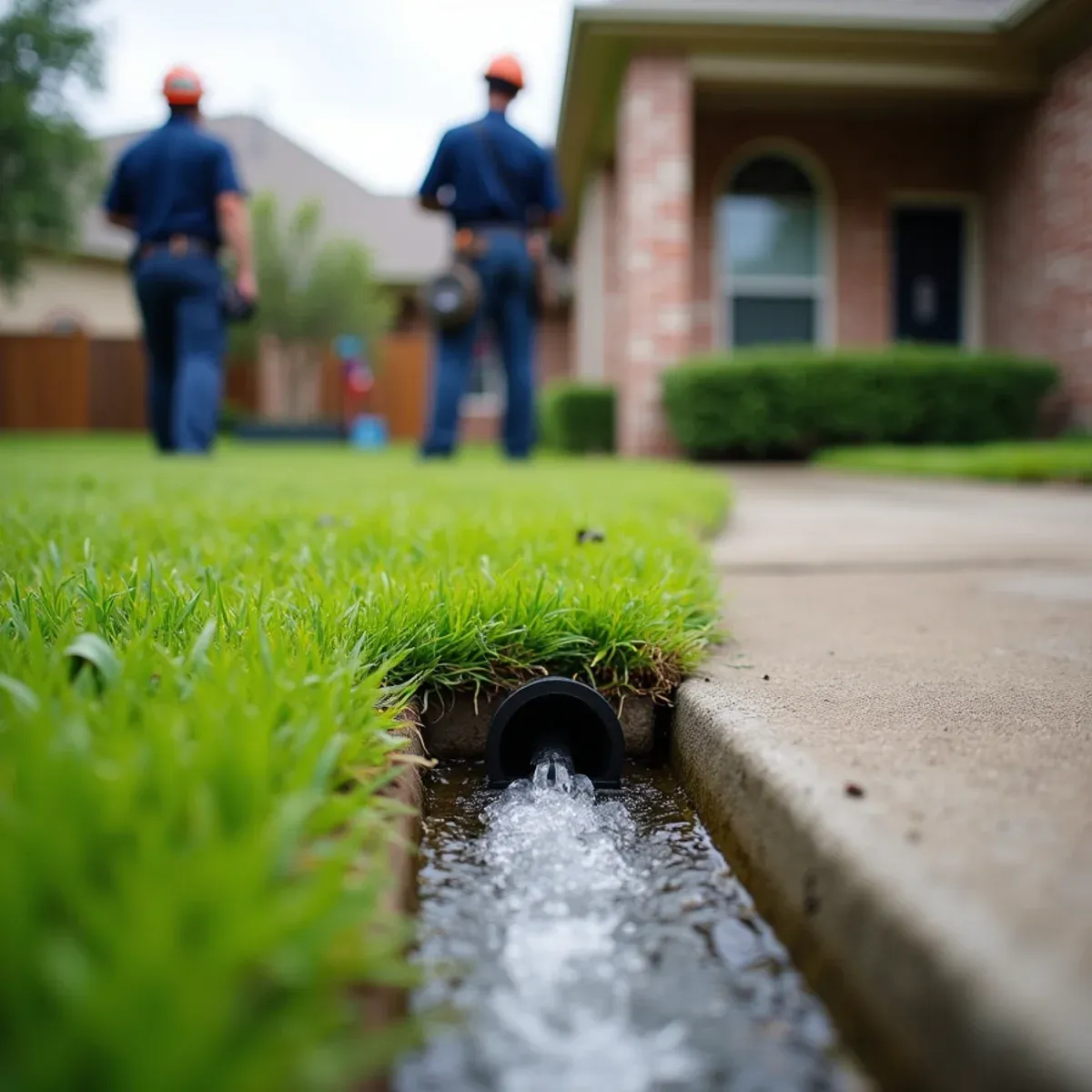 Downspout pop-up drain discharging stormwater ten feet from concrete slab in Pearland gumbo clay
