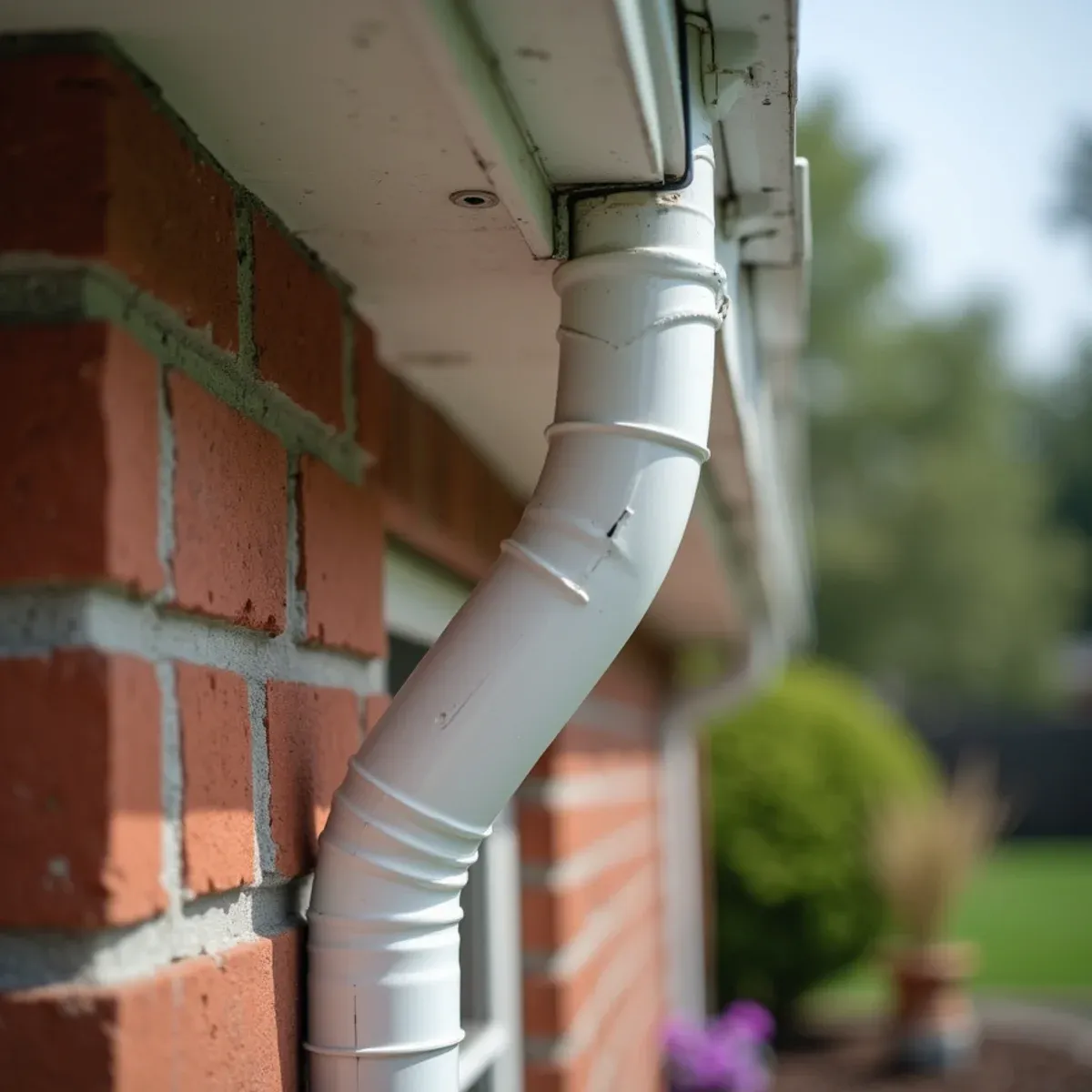 Oversized 3x4-inch downspout assembly handling heavy Gulf Coast convective storm runoff