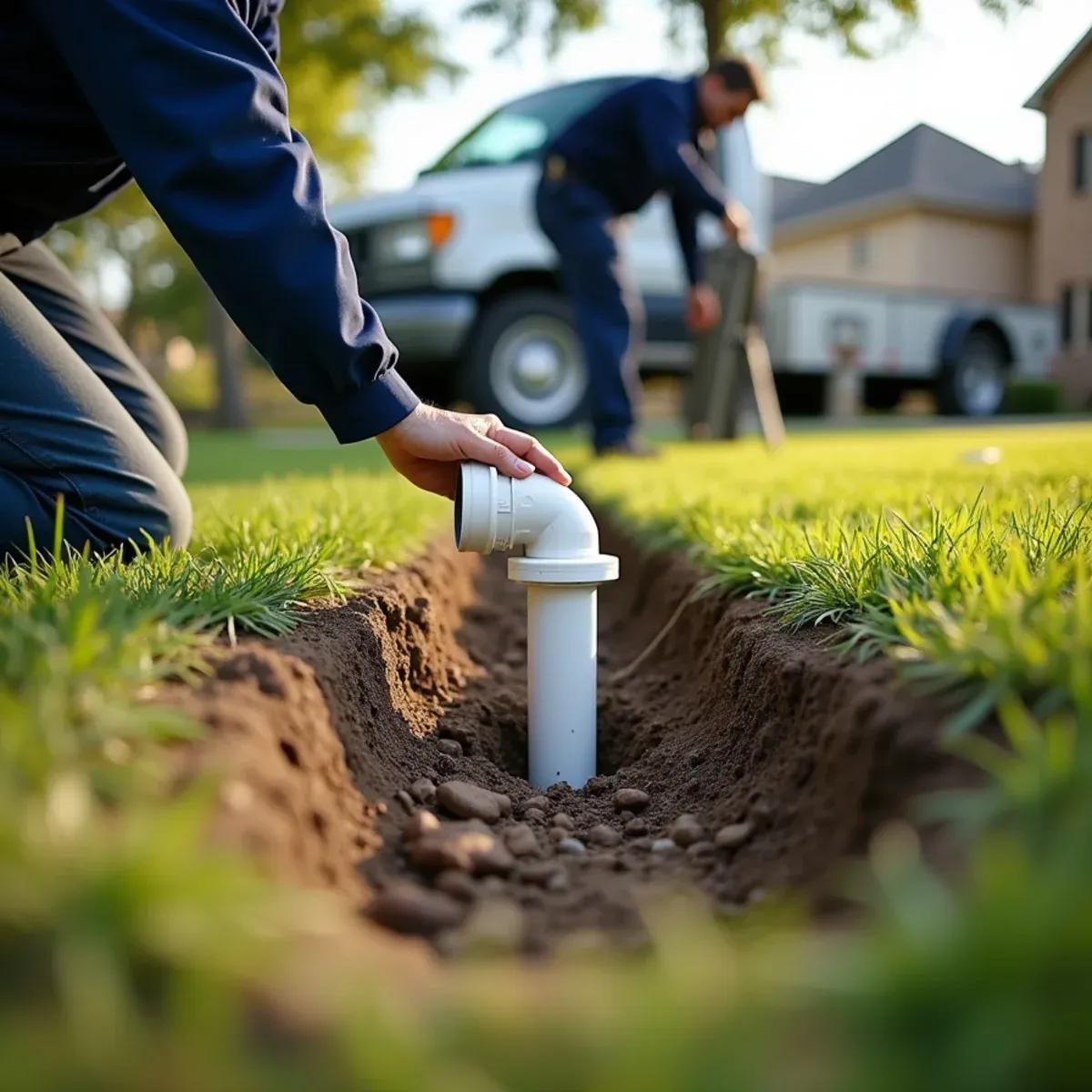 Seamless downspout connecting into buried PVC drainage line preserving manicured landscaping