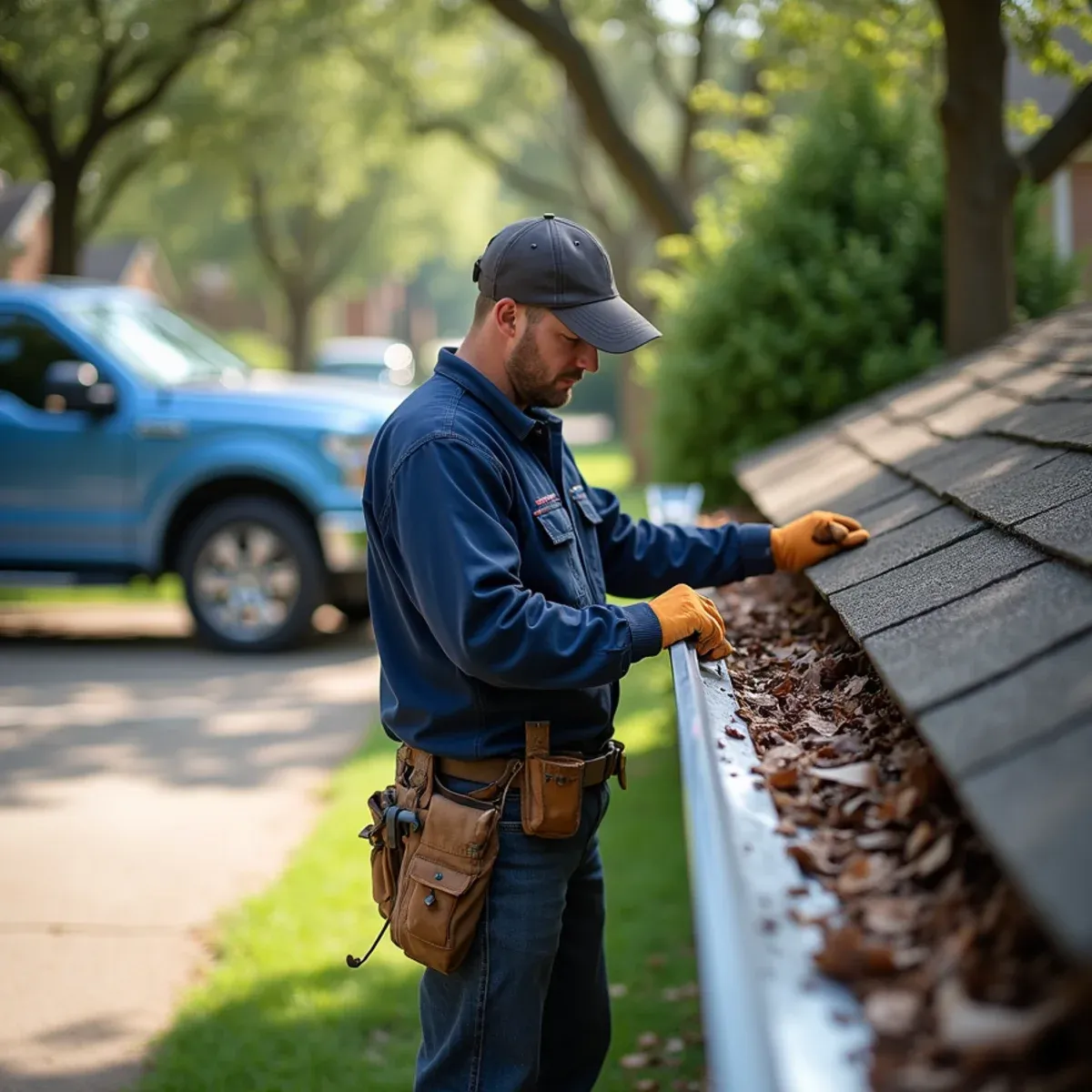 Installer replacing crushed aluminum gutter section crushed by fallen oak tree branch in Houston