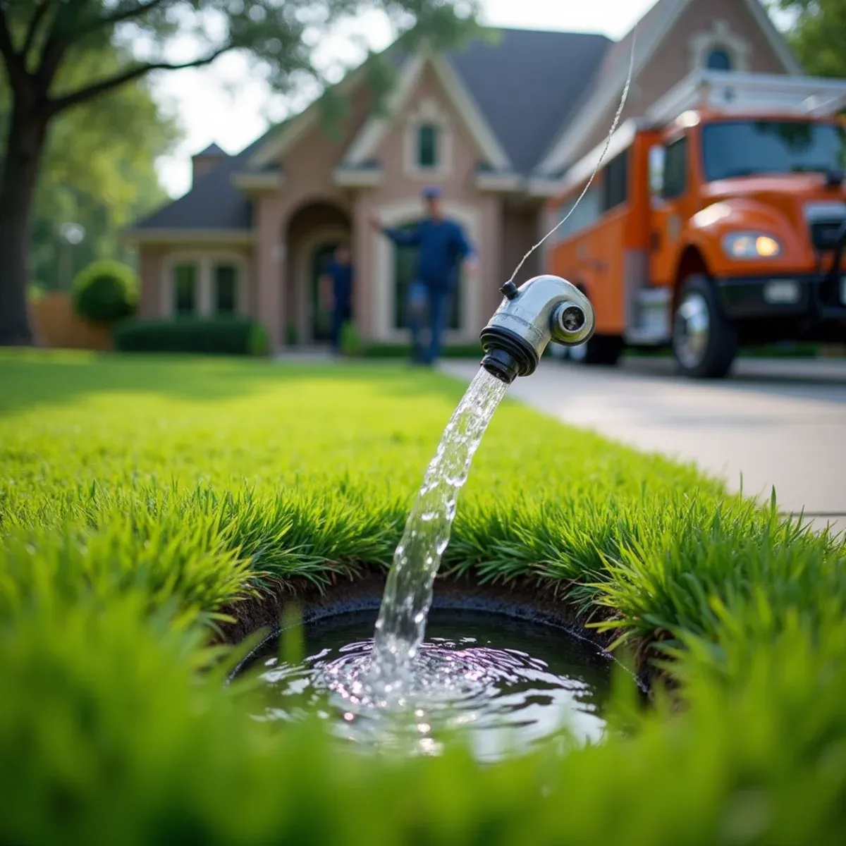 Green pop-up emitter opening under water pressure to discharge stormwater onto front lawn