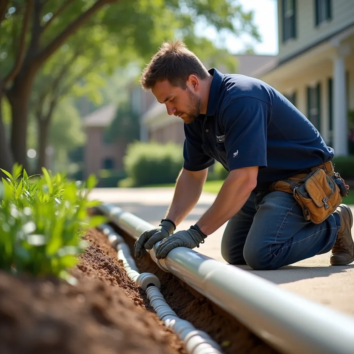 Technician connecting oversized downspout into a buried solid PVC drainage line ten feet from foundation